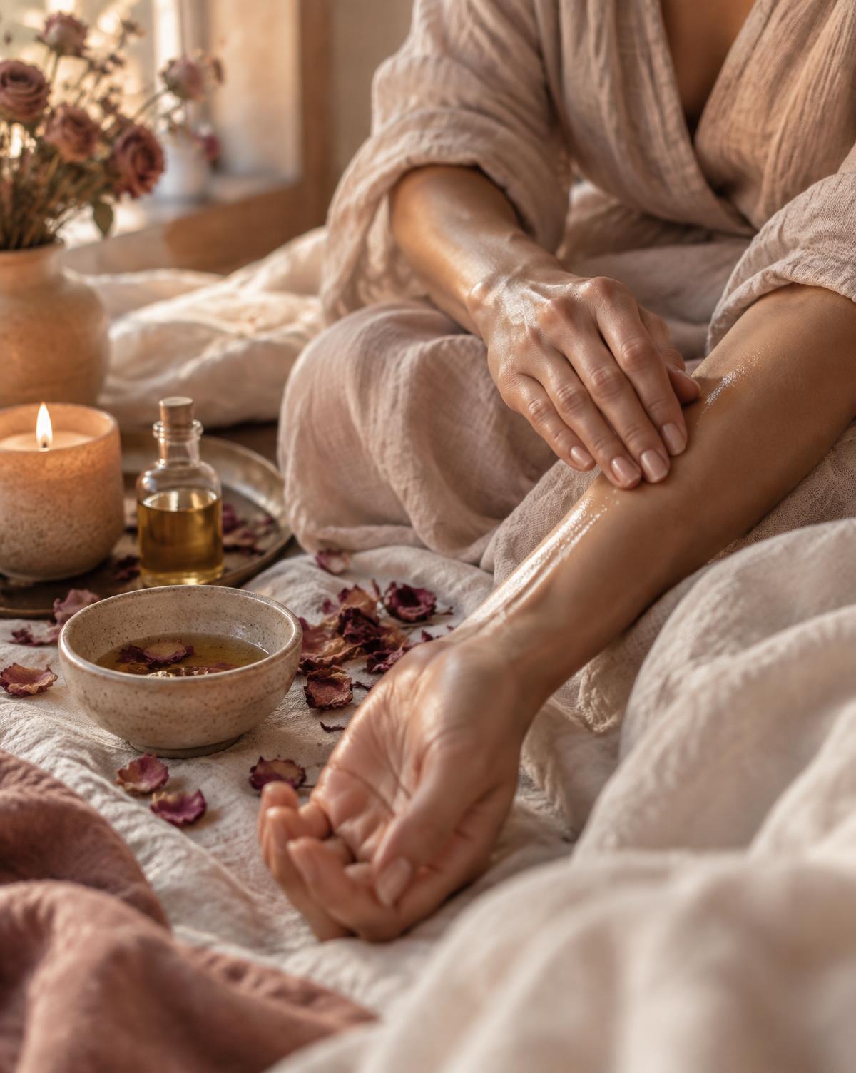 A gentle self-massage ritual with natural oil and flowers