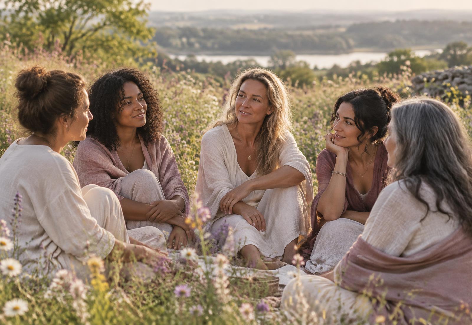 Women gathering in a wildflower meadow