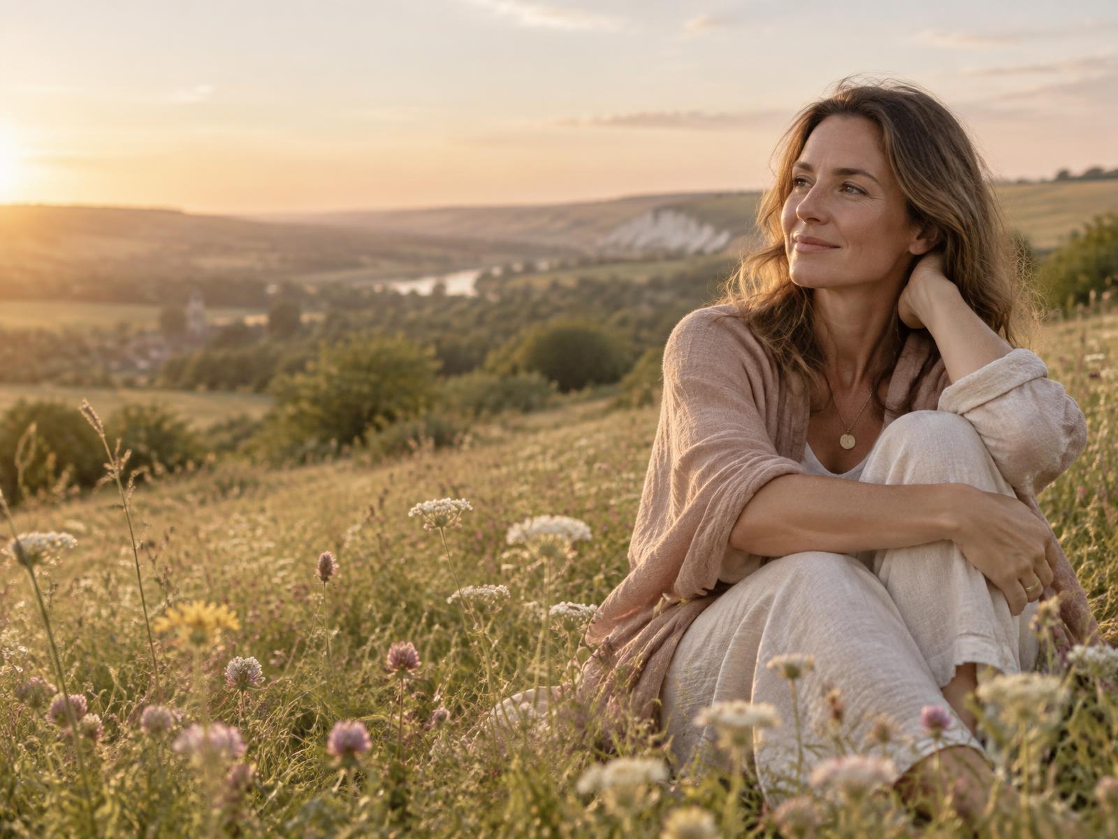 A woman resting peacefully among wildflowers in the English countryside